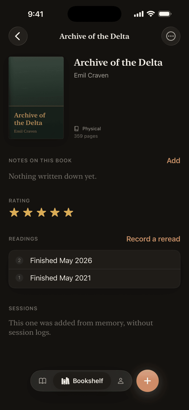 A book's page, showing its notes, rating, and reading history