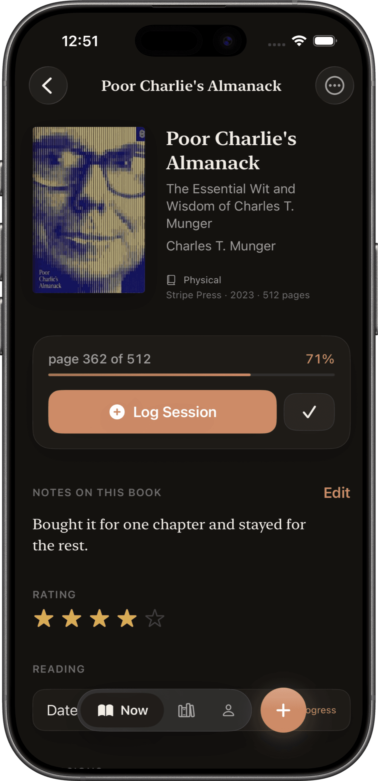 A book part-read in Aleph — page 362 of 512, with a Log Session button